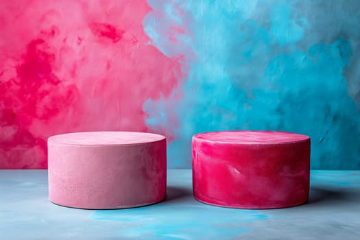 Colorful background with vibrant pink and blue round cake showcasing artistic and creative dessert design