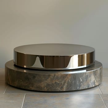Circular marble platform with shiny metallic pedestal and reflective tiles for interior display