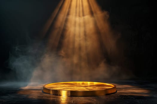 Golden disc in a dark smoky stage under a spotlight with dramatic illumination and a circular glow