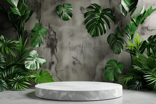 Indoor lush green leaves and plants in a tropical jungle garden with a concrete background on a round podium