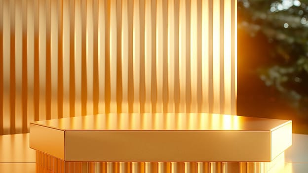 Golden glossy background with an elegant luxury podium display showcasing lighting and reflections