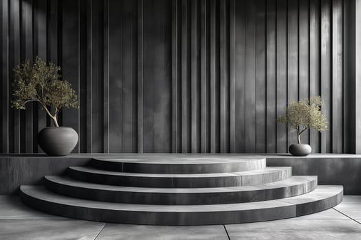 Minimalist monochrome interior design with modern plants in vase on stage in gray space