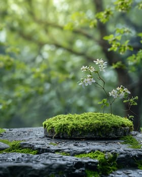 Moss-covered rock with plants in a serene green forest showcasing the peaceful nature