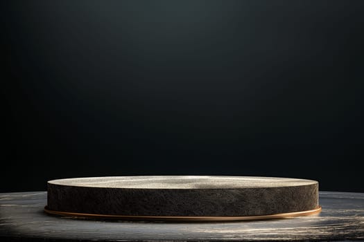 Elegant empty cake stand on dark wooden table with round display and minimal background