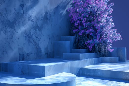 Vibrant blue outdoor scene with purple flowers by stairs in shadow with colorful garden backdrop