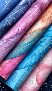 Colorful feathers with a detailed vibrant pattern and texture in a multicolored decorative design
