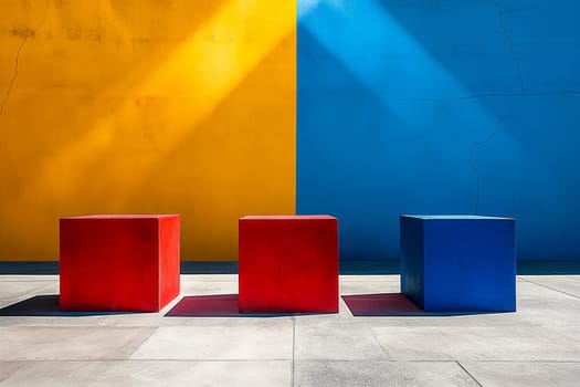 Cubes in red, yellow, and blue create shadows and contrast in a geometric, vibrant, and minimalist scene