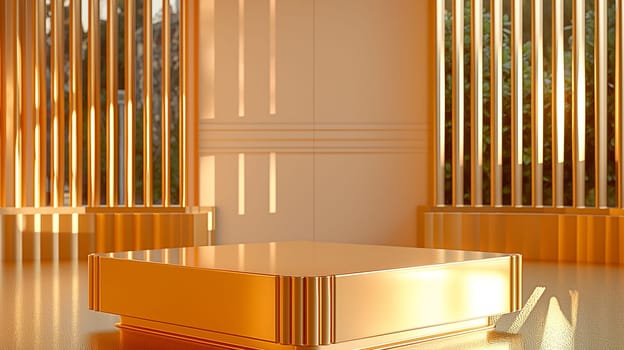 Golden platform and elegant showcase in a luxury interior display with sunlit and shiny surfaces