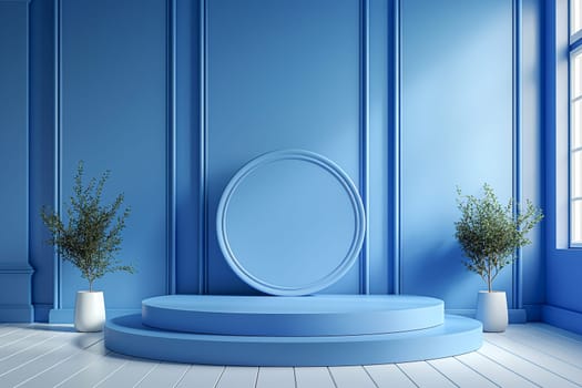 Modern blue interior decor with plants and a circle stage in an elegant design.