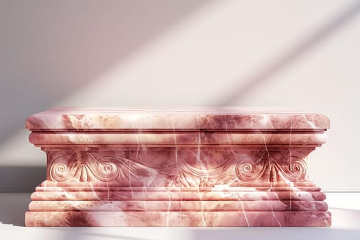Ornate pink marble sarcophagus with intricate carvings and shadows in sunlight