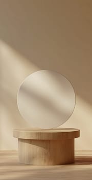 Minimalist mirror on wood pedestal with circular reflective display in a simple, elegant interior composition