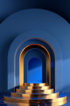 Modern abstract blue and gold archway with staircase and elegant lighting