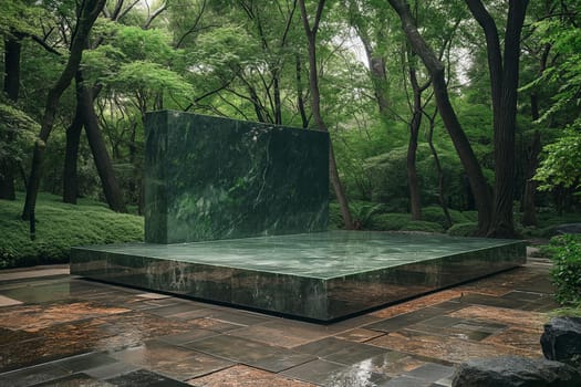 Green structure monument in a peaceful forest park, surrounded by nature, trees, and lush landscape