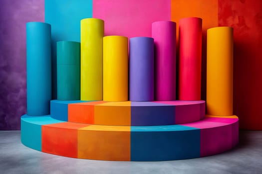 Colorful vibrant abstract geometric graphic with rainbow multicolor spectrum cylinders backdrop