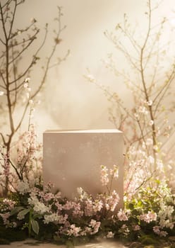 A box surrounded by blossom flowers in spring sunlight with floral nature for a serene outdoor garden