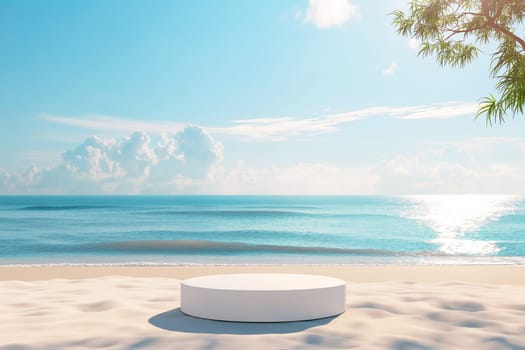 Beautiful tropical beach with sandy shoreline, ocean waves, and a podium under the clear blue sky