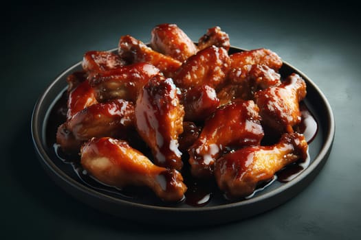 BBQ chicken wings in a dish on a dark background close-up.