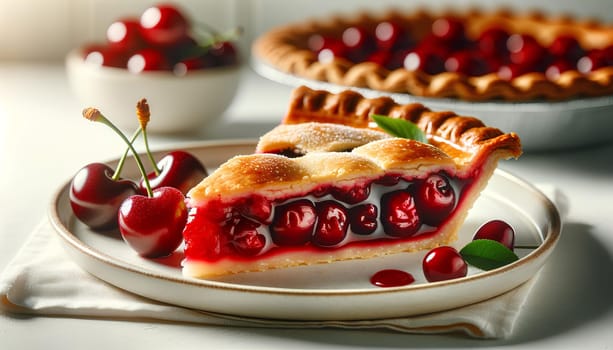 a slice of cherry pie and fresh cherries on a white plate
