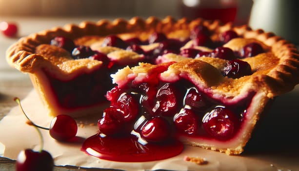cut delicious cherry pie close up.