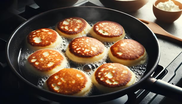 cottage cheese pancakes frying in a pan.