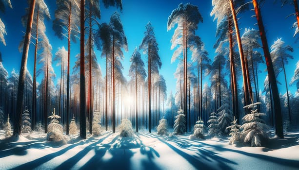 winter snow-covered coniferous forest on a sunny day, winter landscape.