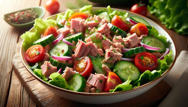 tuna salad with crisp green lettuce and bright red cherry tomatoes.