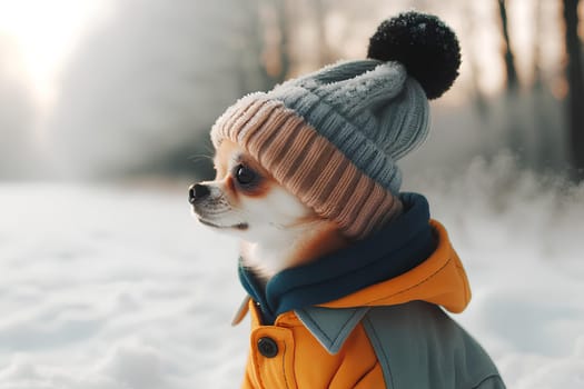 a Chihuahua dog wearing a stylish winter coat and hat on snow.