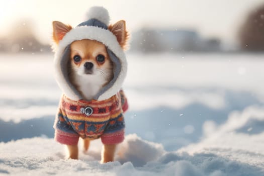 Chihuahua dog in a stylish winter overalls with a pompom in the snow.