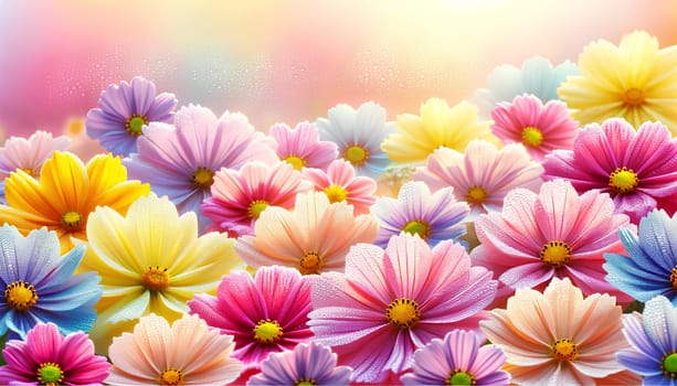 large morning dew drops on brightly colored pastel flowers under a soft morning light, a vibrant summer background.