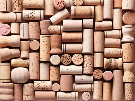 A horizontal pattern of natural wine corks.