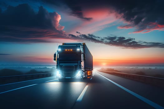 A large cargo truck driving on a highway at dawn.
