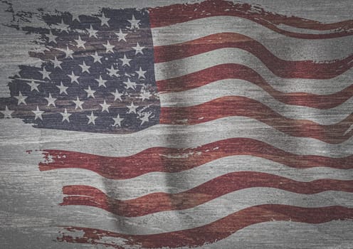 Graphic design of a faded American Flag on a wooden background.