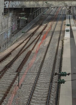 France, Paris - Jan 05, 2024 - The Railway system with Metal frames of gare de l'Est, Pont de Lafayette, Railway iron rails, Railroad track rails. Space for text, Selective focus.