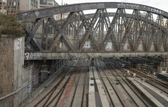 France, Paris - Jan 05, 2024 - Rue de l'Aqueduc Bridge (Viaduc de la rue de l'Aqueduc) built above the railways of gare de l'Est, Pont de Lafayette, Space for text, Selective focus.