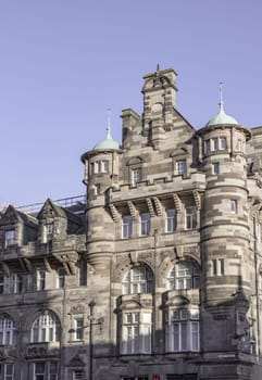 Edinburgh, Scotland - Jan 18, 2024 - Exterior view of Carlton Hotel (Patrick Thomson Department Store) on the corner of North Birdge and High Street in Royal Mile, Space for text, Selective focus.