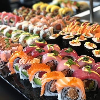 Variety of sushi rolls elegantly presented for dining photo