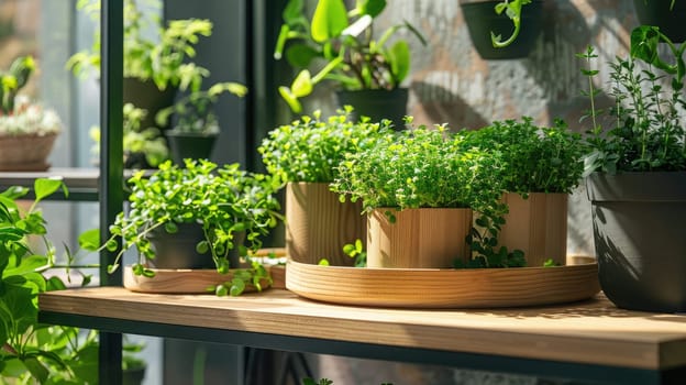 Fresh indoor microgreens in wooden planters photo