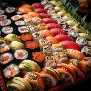 Variety of sushi rolls elegantly presented for dining photo