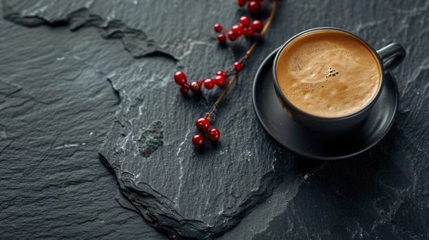 Rich coffee and red berries on slate photo