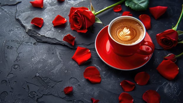 Red mug of freshly brewed espresso on a dark background photo