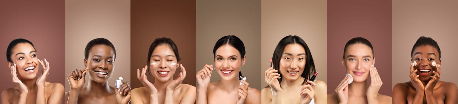 Seven multiethnic women shown applying various skincare products to their faces while smiling at the camera. The women stand in front of a neutral background, creating a clean and focused image.
