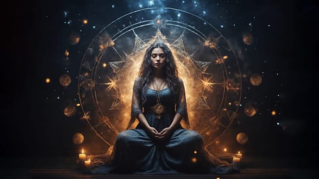 Mystic art inspired by astrology and esoteric symbolism. Concept of astrology and horoscope, person inside zodiac sign wheel. Dark blue night spiritual esotericism illustration.