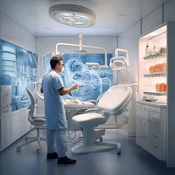 Dentist in protective clothing uses advanced tools and monitors to perform a procedure. Dentist in a state-of-the-art clinic with futuristic design and atmosphere.