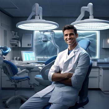 A male dentist in a white coat smiling at the camera with his arms crossed. He is sitting in a modern dental office with a dental chair, computer, and equipment in the background.
