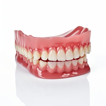 A full set of dentures on a white background. The dentures are made of acrylic and have a pink base with white teeth. The teeth are slightly stained and have some wear and tear.