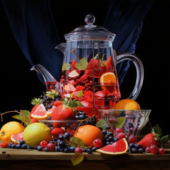 Close-up still life of a glass decanter of fruit-infused water surrounded by a variety of fresh fruits. Perfect for editorial, food, and beverage, and healthy eating concepts.