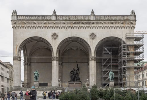 Munich, Germany - Dec 21, 2023 - Feldherrnhalle or Field Marshals' Hall (Hall of the Bavarian generals) is a monumental loggia in the southern part of the square Odeonsplatz in Munich. modelled after the Loggia dei Lanzi in Florence, Copy space, Selective focus.