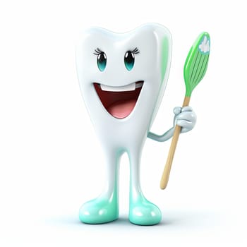 An illustration of a smiling tooth holding a green bristled toothbrush, wearing shoes, and standing on white. The character has a big smile, open eyes, and holds the toothbrush in its right hand.