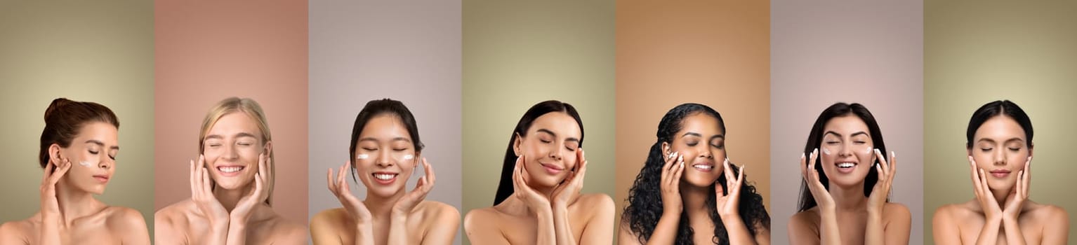 Seven women with different skin tones and hair colors are smiling as they apply a creamy product to their faces in front of seven solid color backgrounds. Each woman has her hands on her cheeks