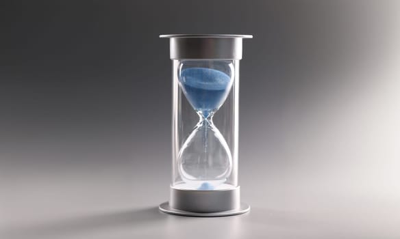 Close-up of hourglass with blue sand on gray background. Sand flowing through the bulb of sandglass. Invertible device, retro symbol of time